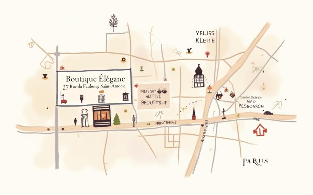 Carte stylisée de la localisation de Boutique Élégance à Paris, 27 Rue du Faubourg Saint-Antoine